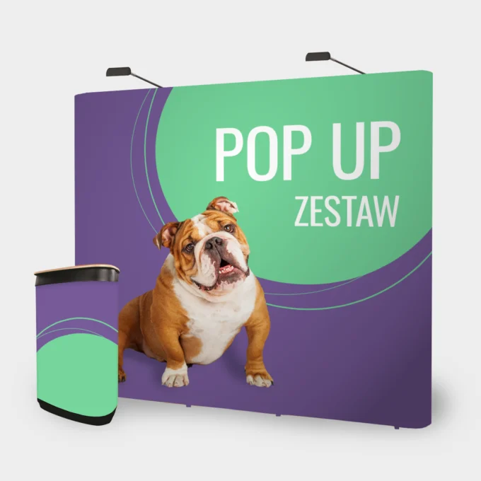 scianka-pvc-pop-up-prosta-dobryrollup-stoisko-targi-poznan Zestaw wystawienniczy z buldogiem i napisem Pop Up Zestaw, idealny jako projektowanie graficzne dla firm dbających o swój wizerunek