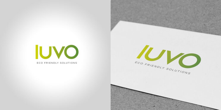 A rollup business card with the word luvo on it, printed using high-quality wydrukiem technique.