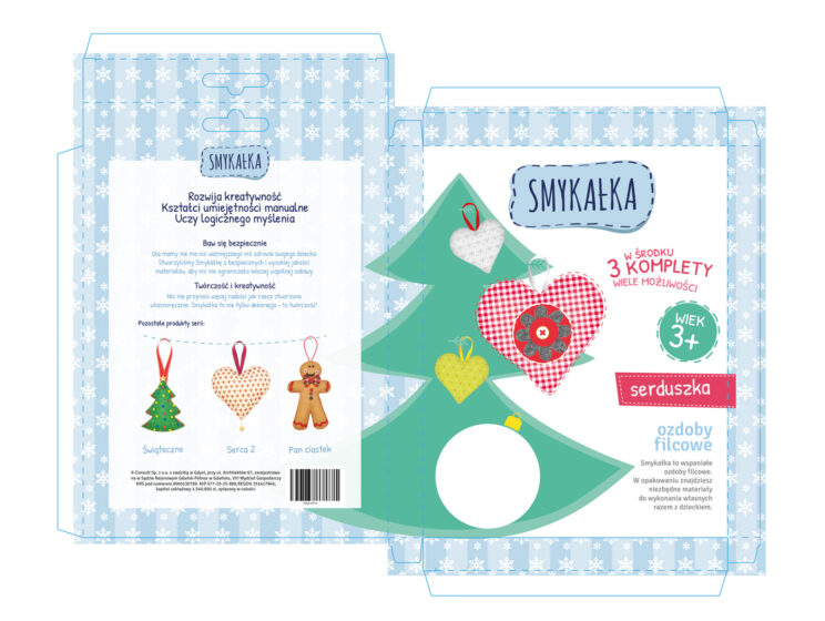 A rollup package with a printed Christmas tree and ornaments.