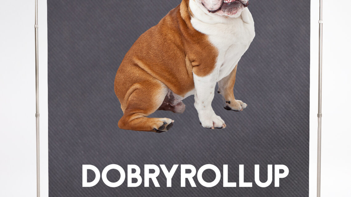 Rollup reklamowy z grafiką siedzącego buldoga angielskiego i napisem DOBRYROLLUP na ciemnoszarym tle, prezentujący ofertę agencji