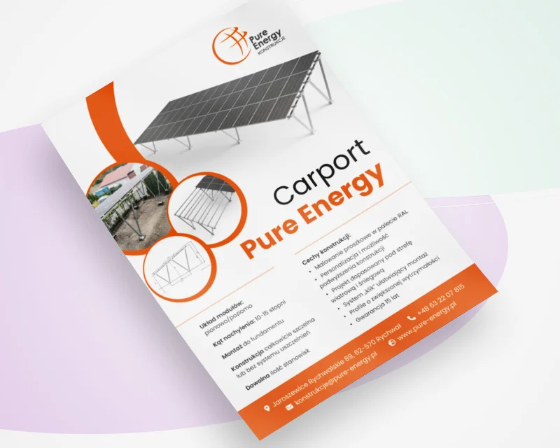 Ulotka reklamowa Pure Energy prezentująca konstrukcję wiaty fotowoltaicznej typu carport wraz z parametrami technicznymi produktu