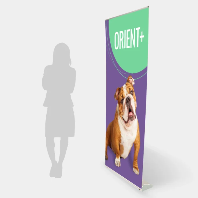 Pionowy rollup z napisem Orient+ oraz grafiką psa rasy buldog, przygotowany przez profesjonalną agencję reklamową