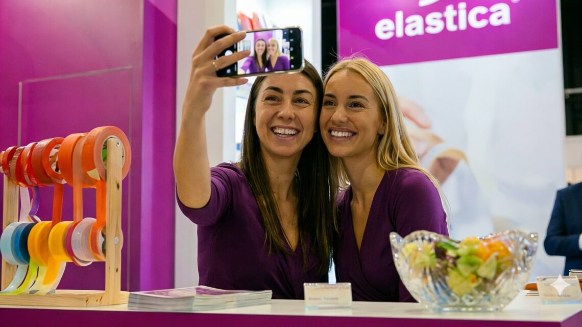 Uśmiechnięty personel na stoisku Elastica. Spójny wizerunek między zabudową a ubiorem ekipy buduje profesjonalny odbiór marki.