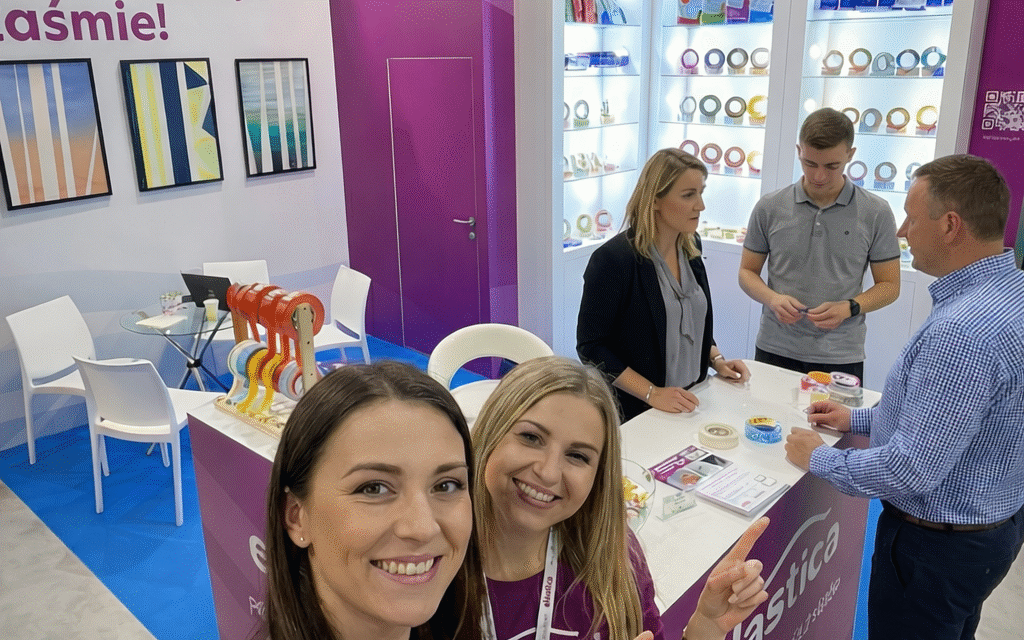 Zespół marki Elastica na tle swojej zabudowy. Rzetelny projekt, w którym ubiór pracowników i grafika na ścianach tworzą jedność.