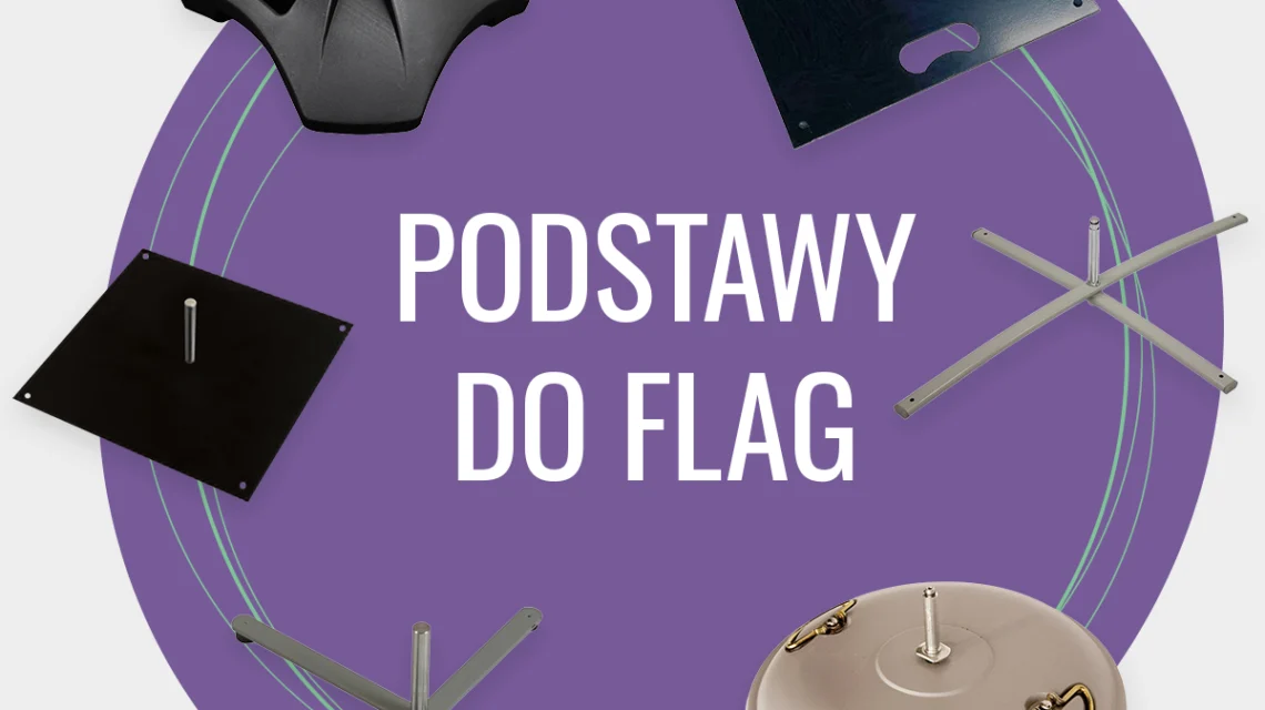 Zestaw różnych typów podstaw do flag reklamowych na fioletowym tle, wykorzystywanych w codziennej pracy agencji marketingowej