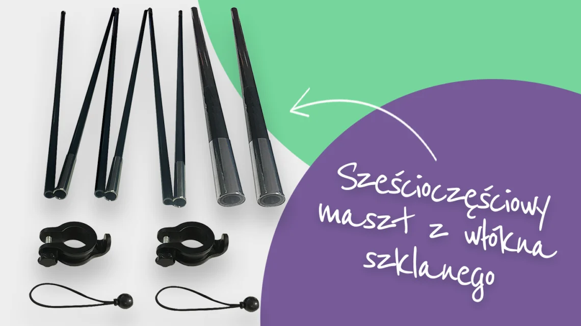Sześcioczęściowy maszt z włókna szklanego do rollupu wraz z elementami montażowymi pokazany na kolorowym tle